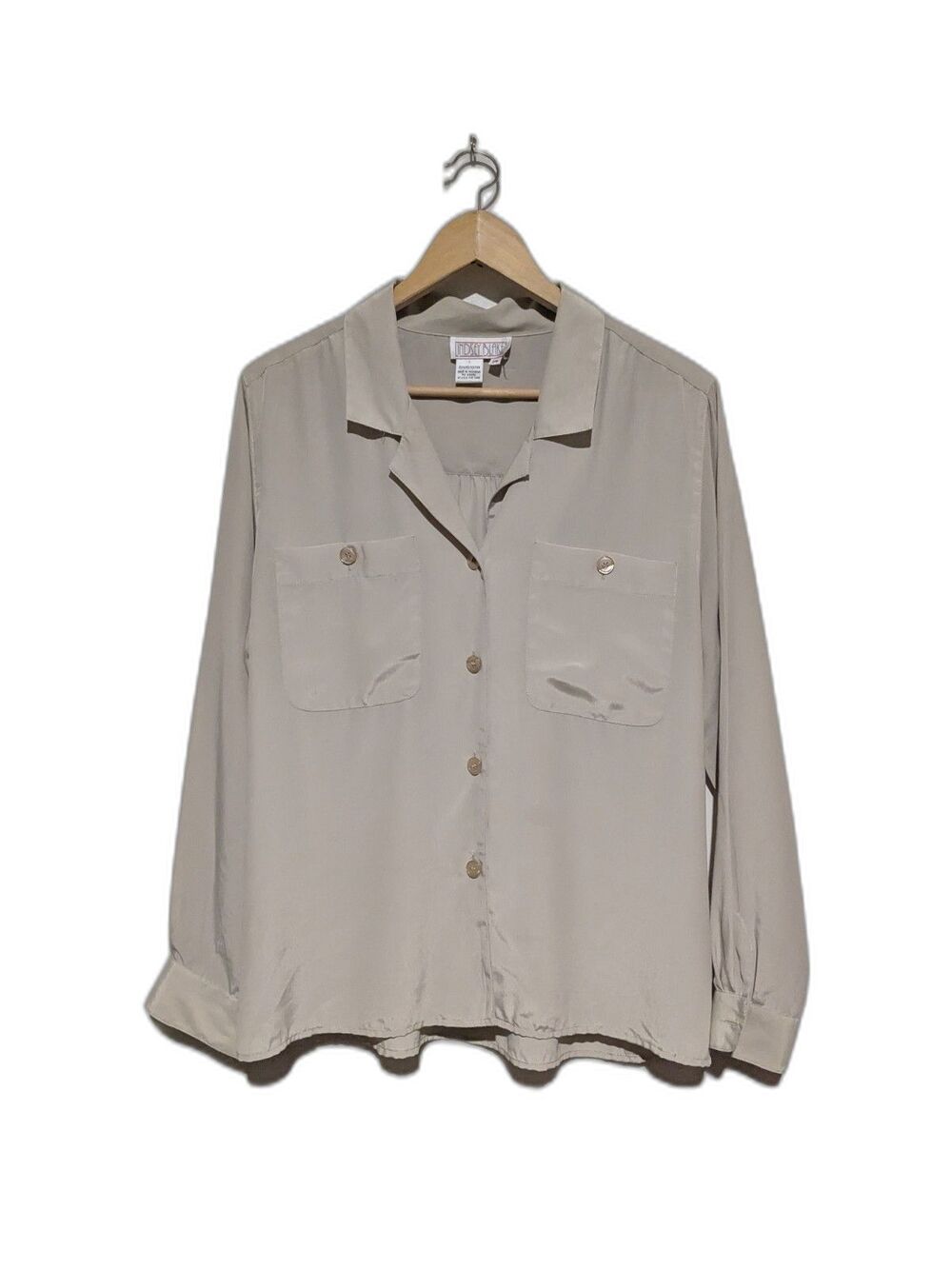 Vintage 80s Tan Button Front Collar Blouse Long Sleeve Shirred Back Yoke M/L